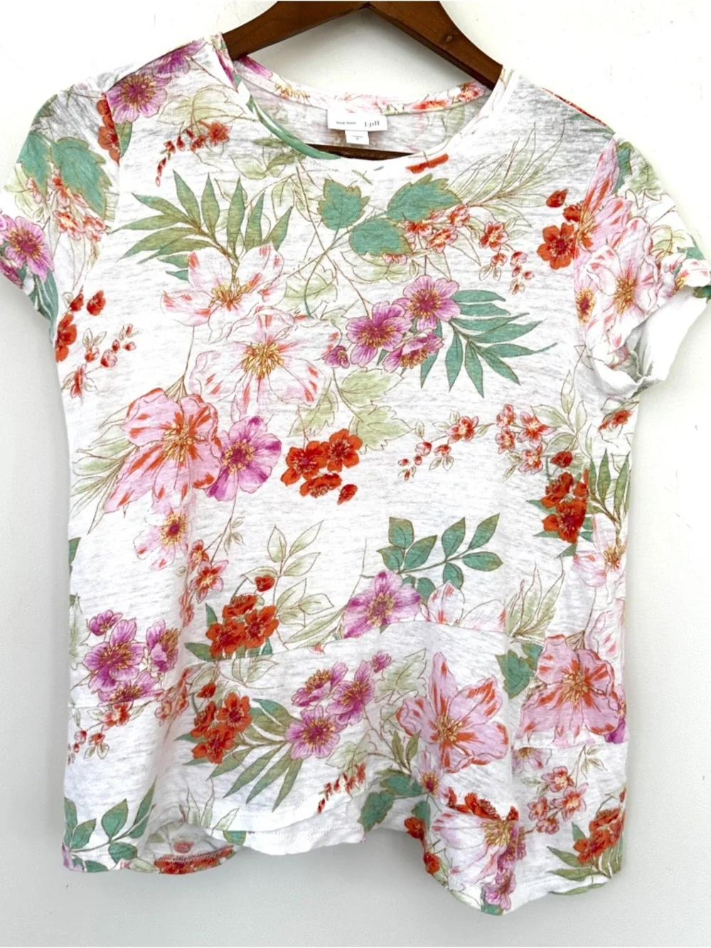 J. Jill Floral Short Sleeve Tee - White, Pink, Green, Relaxed Fit, Linen Knit - Picture 2 of 8
